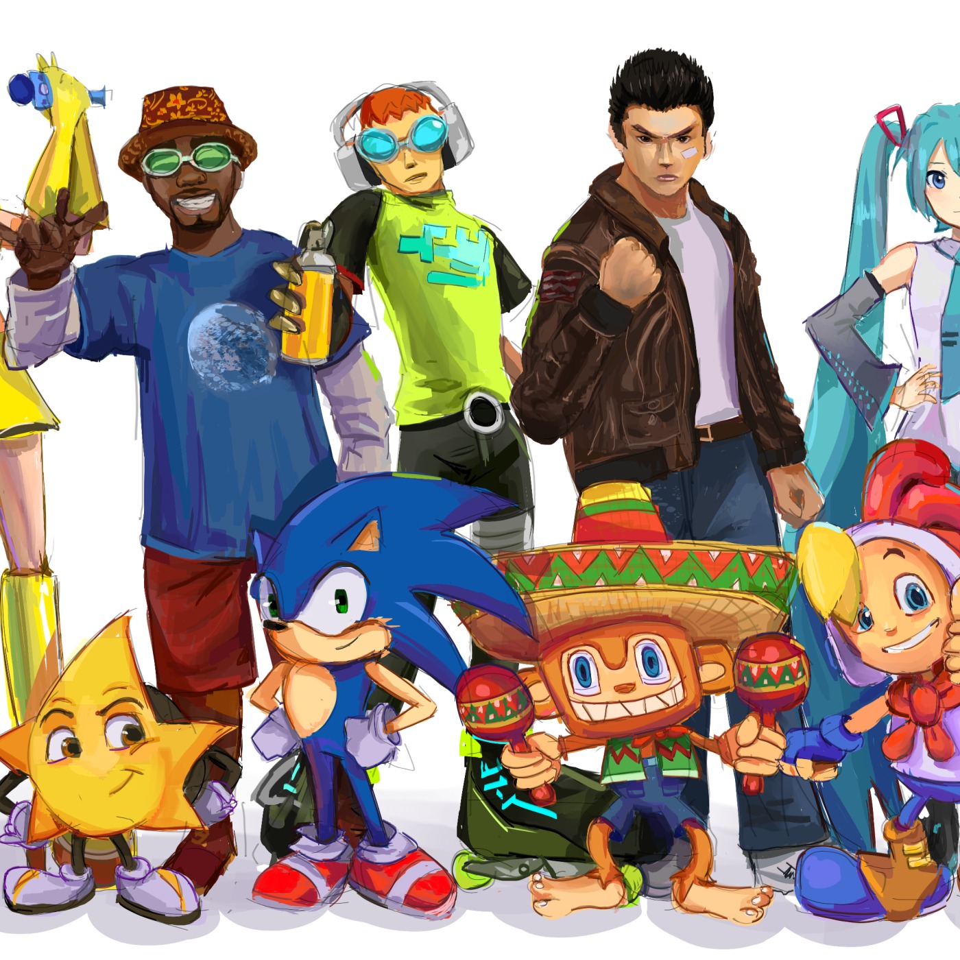 Group photo of Sega characters: Sonic, Beat, Ryo, Ulala, AiAi, Ristar, Billy Hatcher and more, by Zola C.